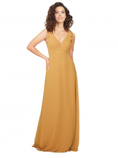 Sem Mangas Decote V Buraco da fechadura Chiffon Linha A Açafrão Longo Vestidos de Madrinha