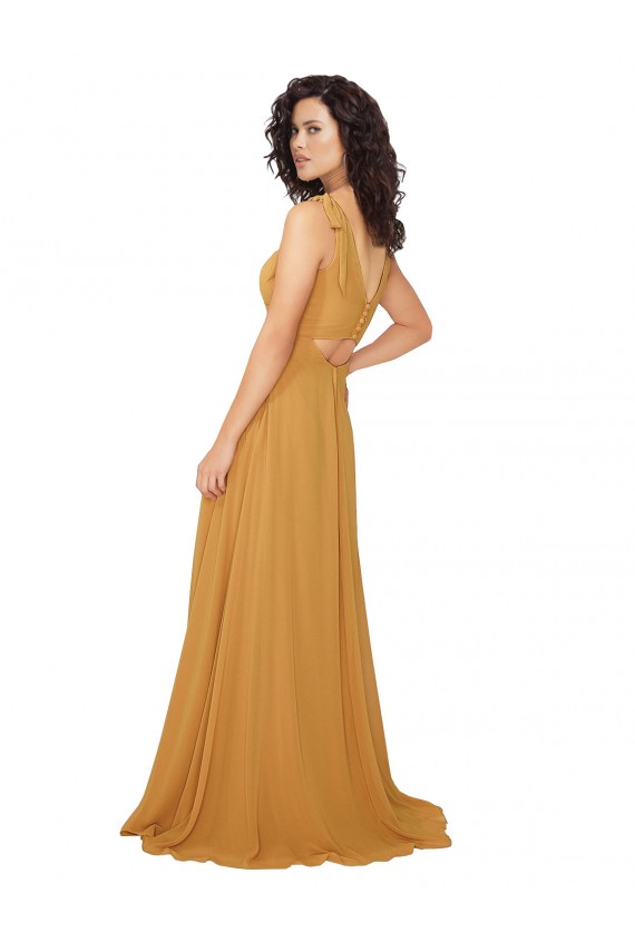 Sem Mangas Decote V Buraco da fechadura Chiffon Linha A Açafrão Longo Vestidos de Madrinha
