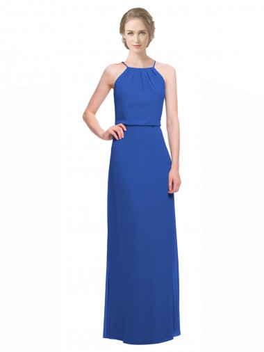 Sem Mangas Alças finas Lombar Chiffon Linha A Azul 135# Vestidos de Madrinha