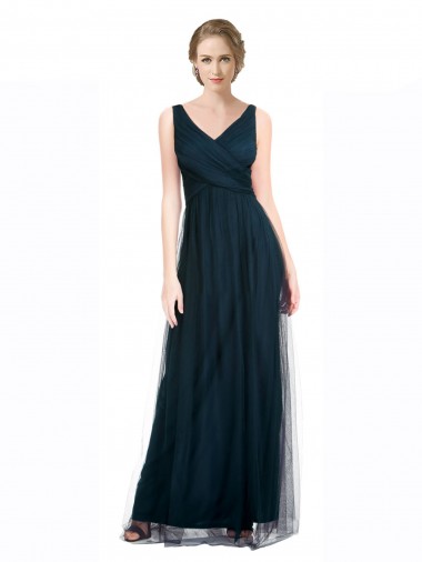 Sem Mangas Decote V Tule Linha A Azul 7# Vestidos de Madrinha