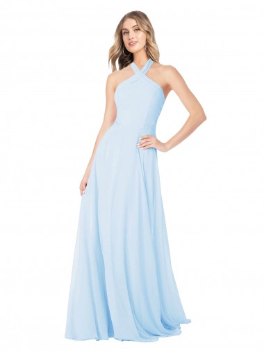 Sem Mangas Cabeçada Chiffon Linha A Azul Céu Claro Longo Vestidos de Madrinha