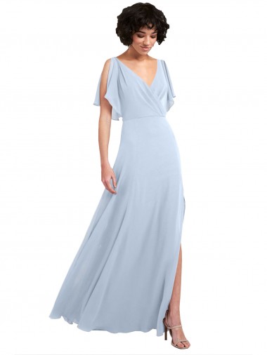 Mangas Esvoaçantes, Mangas Divididas Decote V Costas em V Chiffon Linha A Longo Vestidos de Madrinha