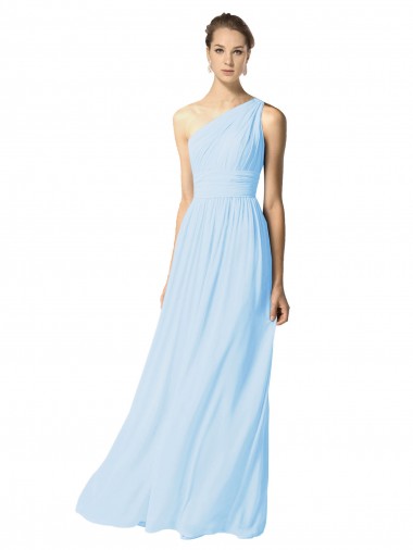 Sem Mangas Um Ombro Chiffon Linha A Azul Céu Claro Longo Vestidos de Madrinha
