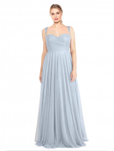 Sem Mangas Alças finas Tule Linha A Azul Céu Claro Vestidos de Madrinha