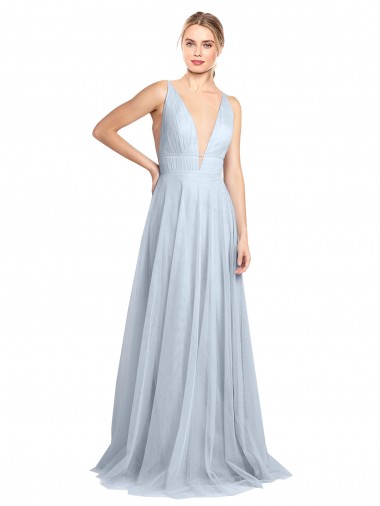Sem Mangas Alças finas Costas em V Tule Linha A Azul Céu Claro Vestidos de Madrinha