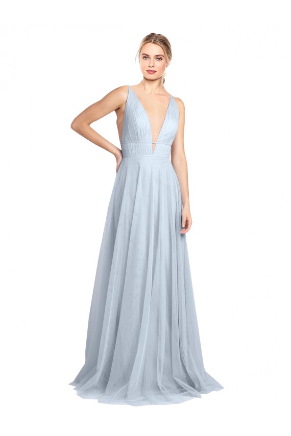 Sem Mangas Alças finas Costas em V Tule Linha A Azul Céu Claro Vestidos de Madrinha