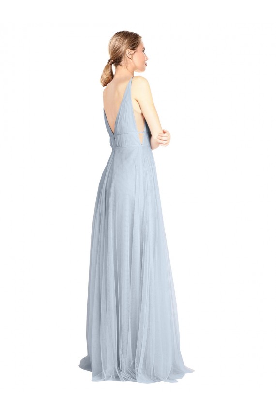 Sem Mangas Alças finas Costas em V Tule Linha A Azul Céu Claro Vestidos de Madrinha