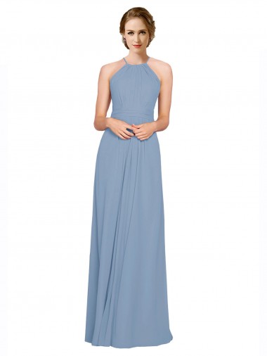 Sem Mangas Cabeçada Abrir de volta Chiffon Linha A Azul Empoeirado Longo Vestidos de Madrinha