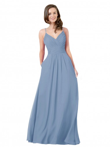 Sem Mangas Decote V Criss Cruz Chiffon Linha A Azul Empoeirado Longo Vestidos de Madrinha