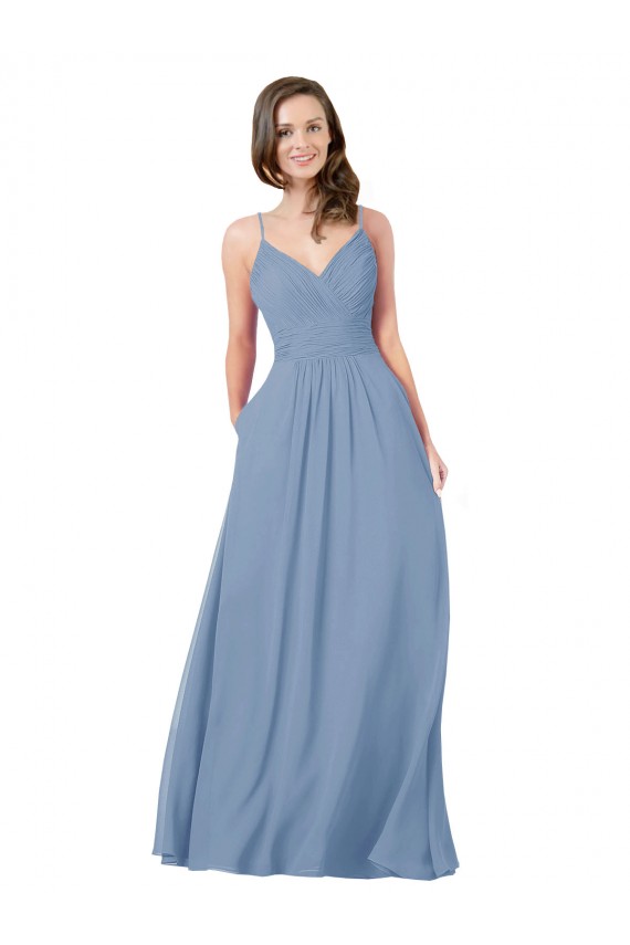 Sem Mangas Decote V Criss Cruz Chiffon Linha A Azul Empoeirado Longo Vestidos de Madrinha