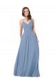 Sem Mangas Decote V Criss Cruz Chiffon Linha A Azul Empoeirado Longo Vestidos de Madrinha