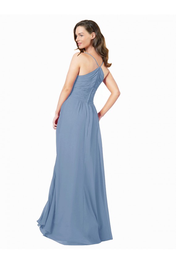 Sem Mangas Decote V Criss Cruz Chiffon Linha A Azul Empoeirado Longo Vestidos de Madrinha