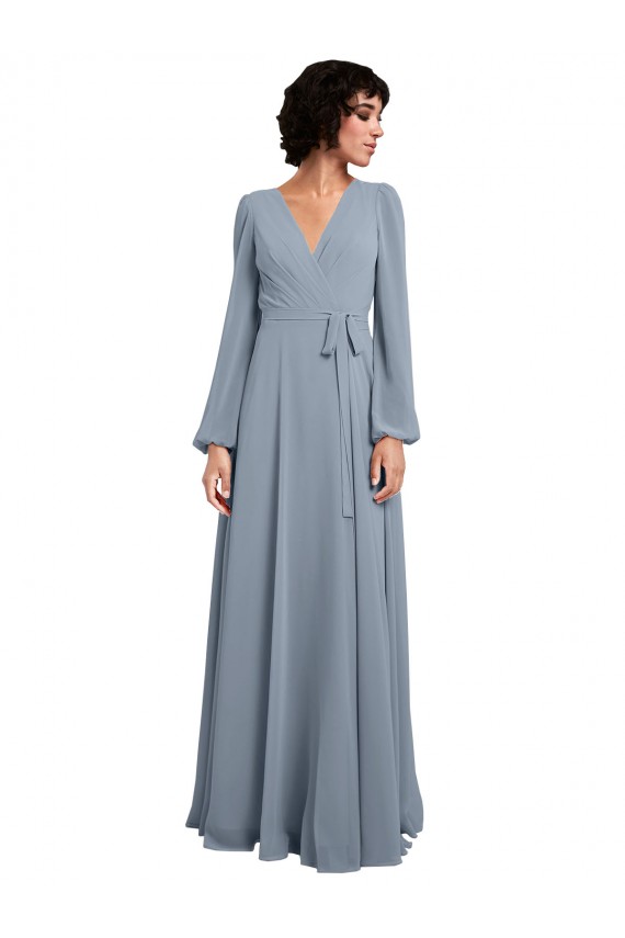Mangas Compridas Decote V Chiffon Linha A Longo Vestidos de Madrinha
