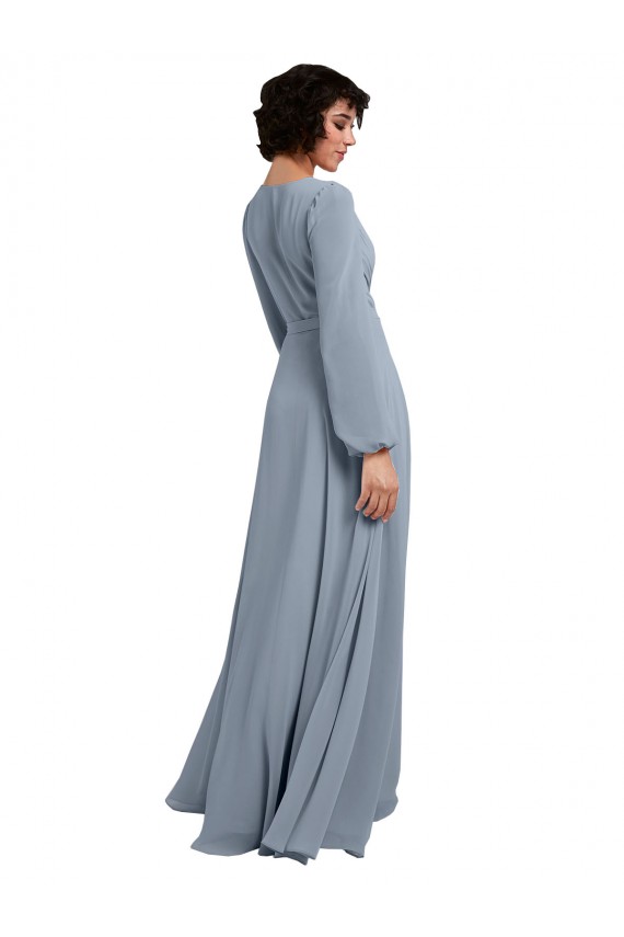 Mangas Compridas Decote V Chiffon Linha A Longo Vestidos de Madrinha