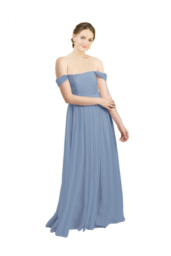 Sem Mangas Fora do Ombro Abrir de volta Chiffon Linha A Azul Empoeirado Vestidos de Madrinha