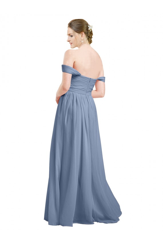 Sem Mangas Fora do Ombro Abrir de volta Chiffon Linha A Azul Empoeirado Vestidos de Madrinha