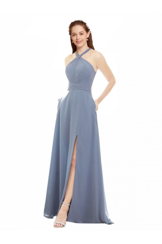 Sem Mangas Cabeçada Chiffon Linha A Azul Empoeirado Vestidos de Festa