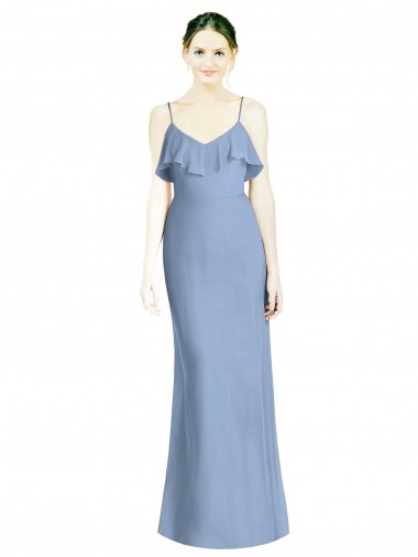 Sem Mangas Alças finas Abrir de volta Chiffon Linha A Azul Empoeirado Longo Vestidos de Madrinha