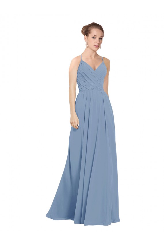 Sem Mangas Decote V Costas em V Chiffon Linha A Azul Empoeirado Longo Vestidos de Madrinha