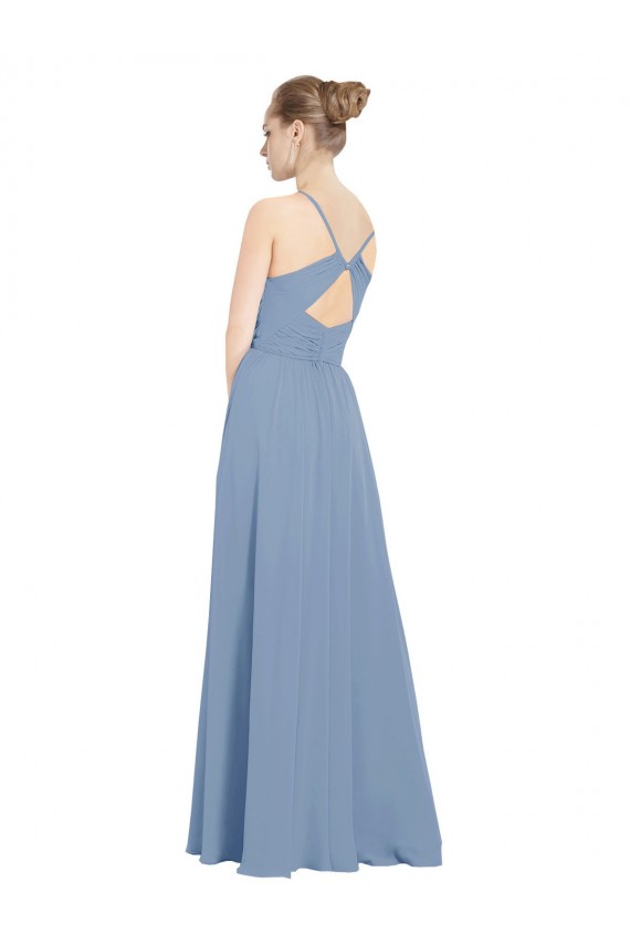 Sem Mangas Decote V Costas em V Chiffon Linha A Azul Empoeirado Longo Vestidos de Madrinha
