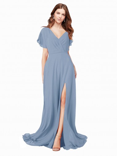 Mangas Curtas Decote V Chiffon Linha A Vestidos de Madrinha / Vestidos de Festa