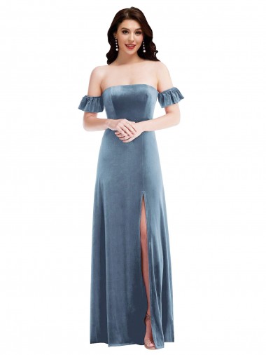 Mangas Folhos Fora do Ombro Lombar Veludo Elástico Linha A Vestidos de Madrinha / Vestidos de Festa