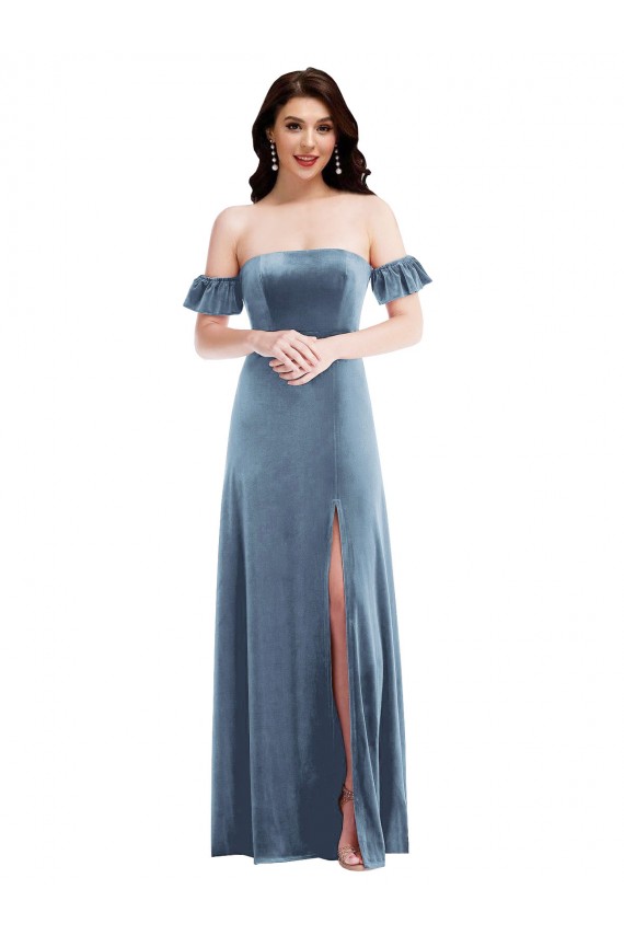 Mangas Folhos Fora do Ombro Lombar Veludo Elástico Linha A Vestidos de Madrinha / Vestidos de Festa