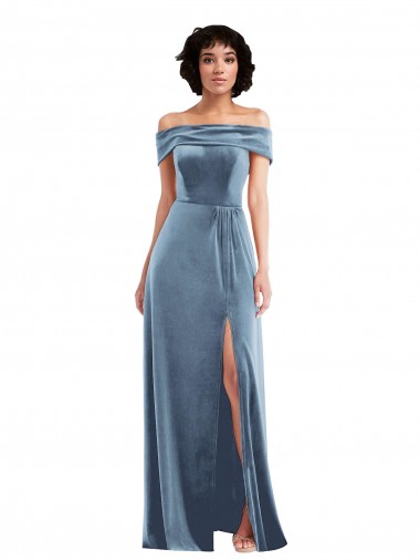 Sem Mangas Fora do Ombro Veludo Elástico Linha A Azul Empoeirado Vestidos de Madrinha / Vestidos de Festa
