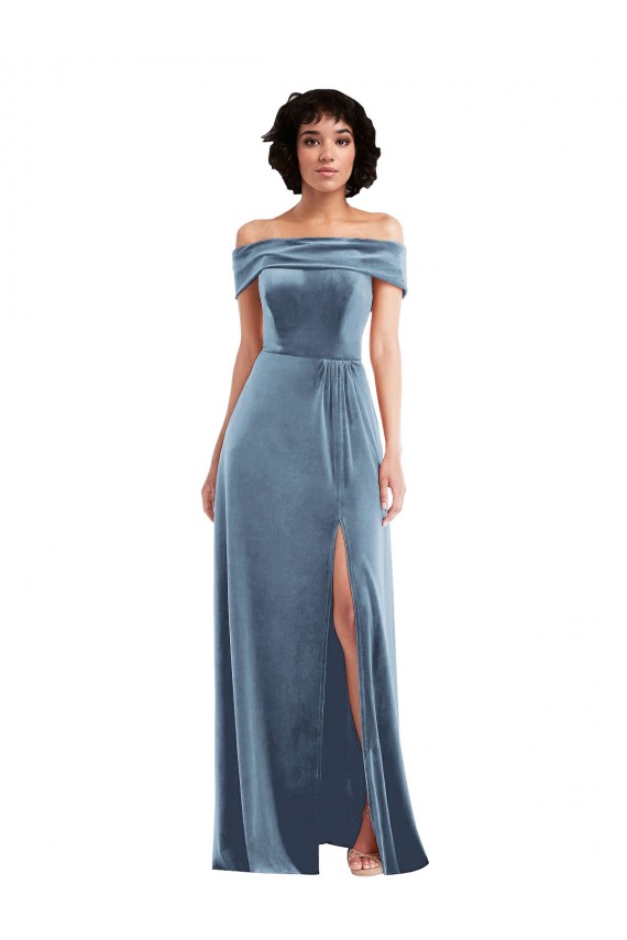 Sem Mangas Fora do Ombro Veludo Elástico Linha A Azul Empoeirado Vestidos de Madrinha / Vestidos de Festa