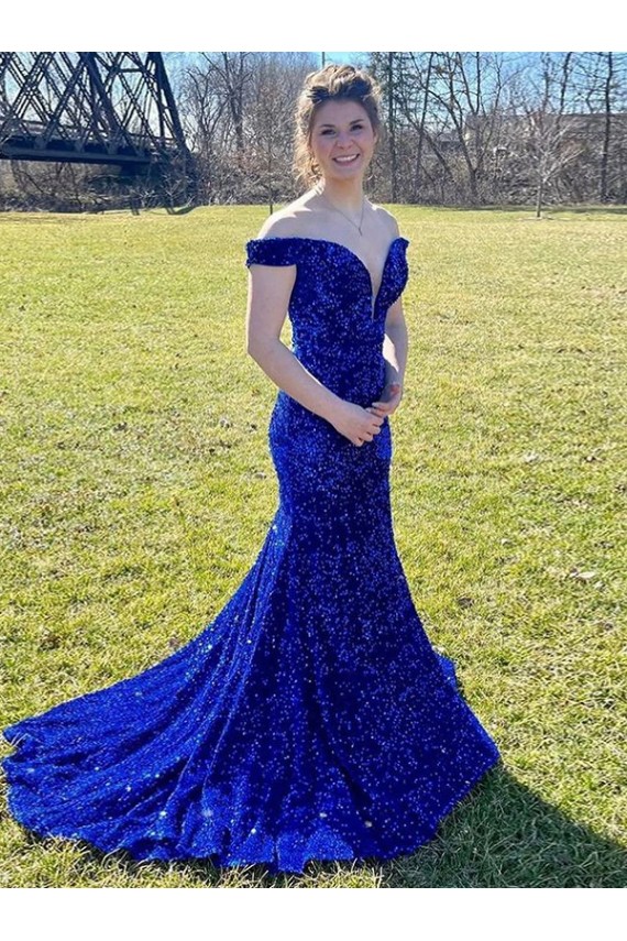 Sem Mangas Fora do Ombro Lantejoulas Veludo Bainha Vestidos de Festa