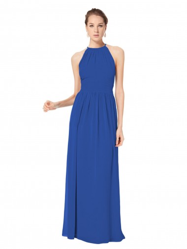 Sem Mangas Cabeçada Buraco da fechadura Chiffon Linha A Azul Real Longo Vestidos de Madrinha