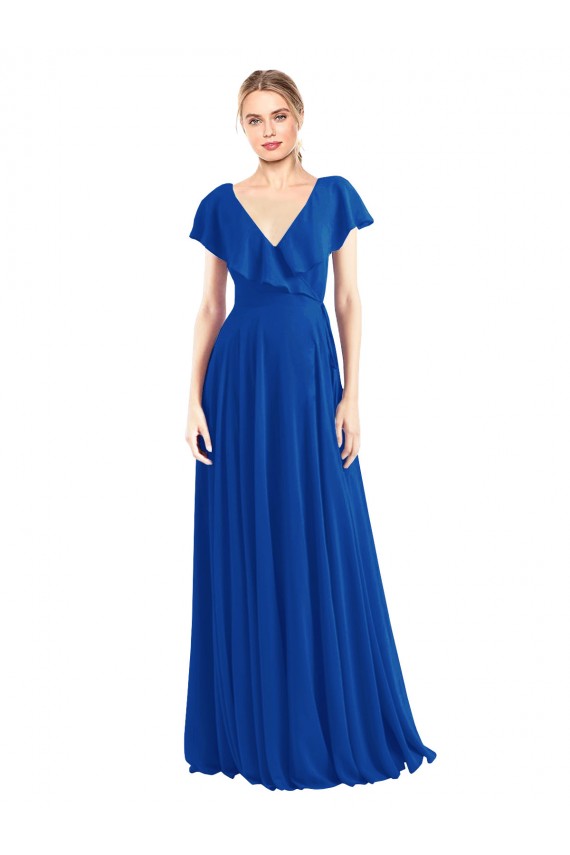 Mangas Esvoaçantes Decote V Costas em V Chiffon Linha A Azul Real Longo Vestidos de Madrinha