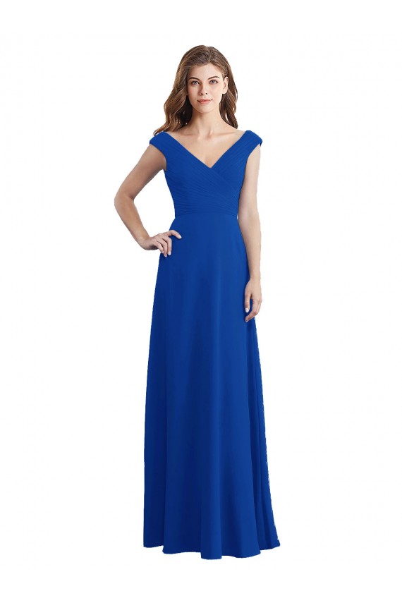 Sem Mangas Decote V Chiffon Linha A Azul Real Longo Vestidos de Madrinha