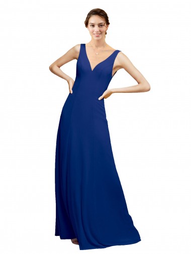 Sem Mangas Decote V Lombar Chiffon Linha A Azul Real Longo Vestidos de Madrinha