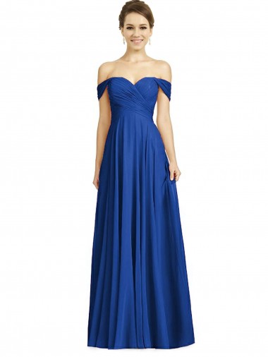 Mangas Curtas Fora do Ombro Chiffon Linha A Azul Real Vestidos de Madrinha