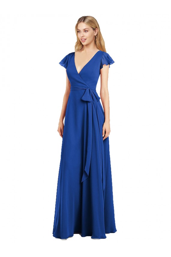 Mangas Esvoaçantes Decote V Chiffon Linha A Longo Azul Real Vestidos de Madrinha