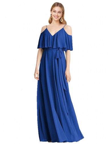 Ombro Frio Alças finas Chiffon Linha A Azul Real Vestidos de Madrinha