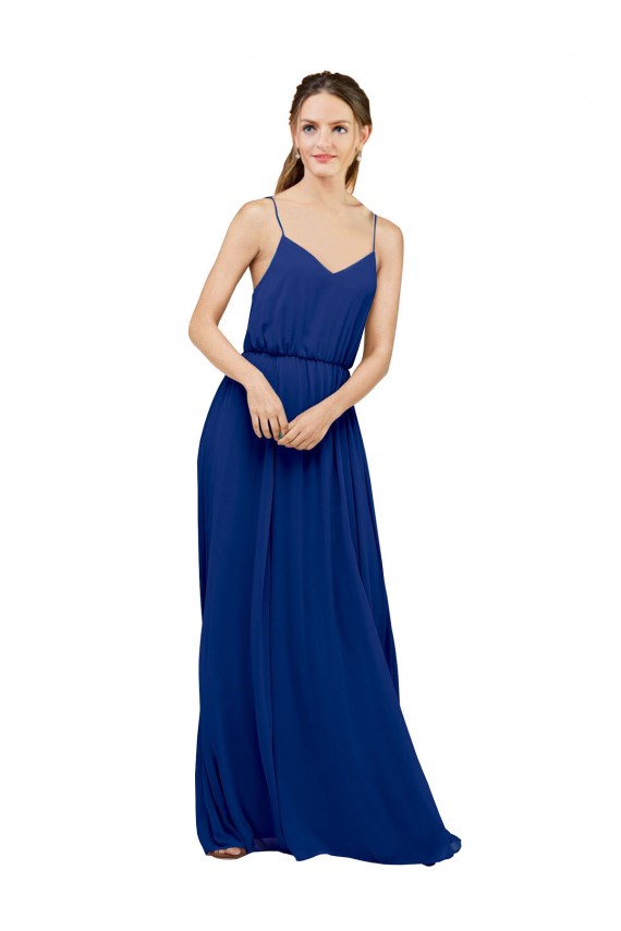 Sem Mangas Alças finas Chiffon Linha A Azul Real Longo Vestidos de Madrinha
