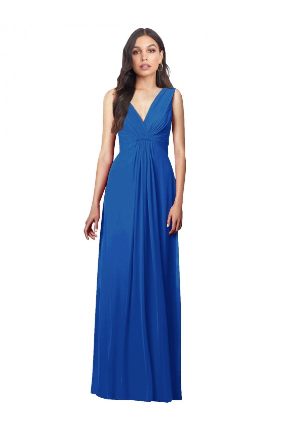 Sem Mangas Decote V Costas em V Chiffon Linha A Azul Real Longo Vestidos de Madrinha