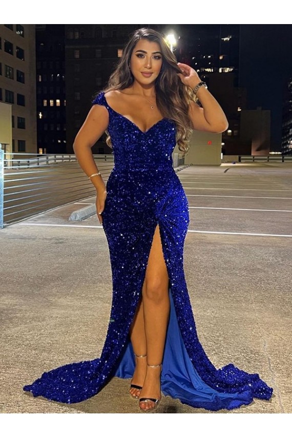 Sem Mangas Decote V Lantejoulas Veludo Bainha Vestidos de Festa / Vestidos de Madrinha
