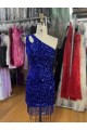Sem Mangas Um Ombro Lantejoulas Veludo Bainha Azul Real Curto Vestidos de Festa