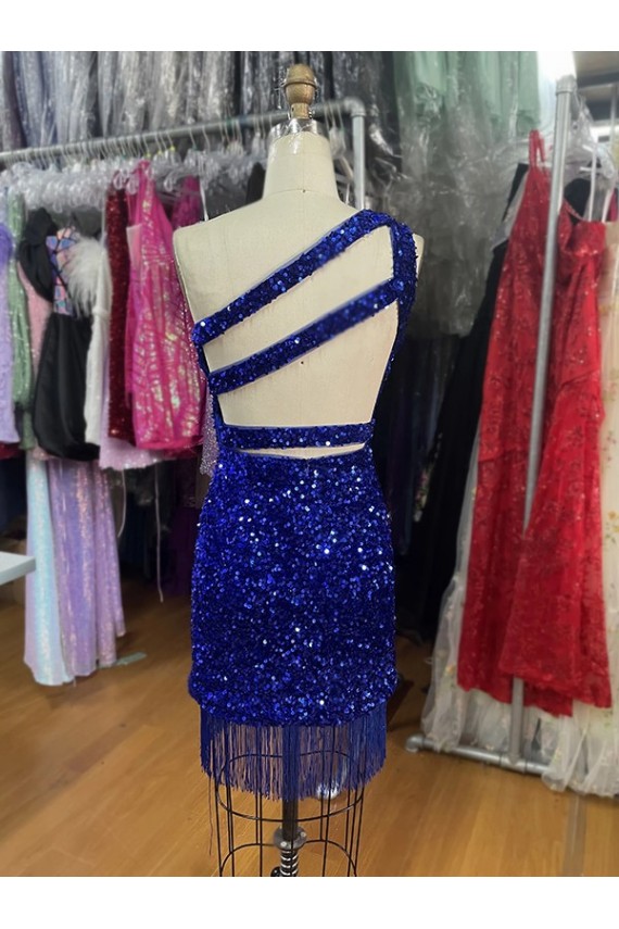 Sem Mangas Um Ombro Lantejoulas Veludo Bainha Azul Real Curto Vestidos de Festa