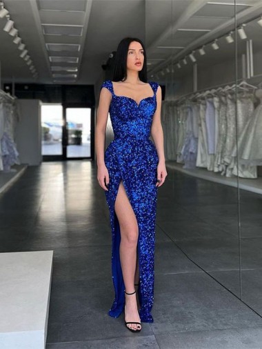 Sem Mangas Alças finas Lantejoulas Veludo Bainha Longo Vestido de Festa