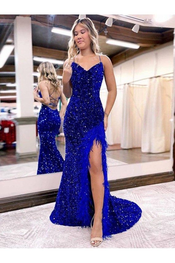 Sem Mangas Decote V Lantejoulas Veludo Bainha Azul Real Vestido de Festa / Vestido de Madrinha