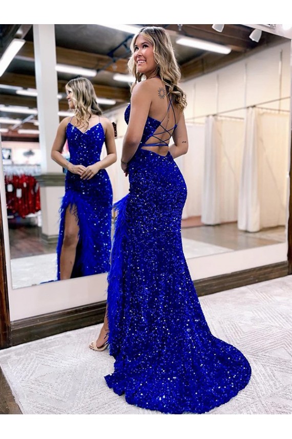 Sem Mangas Decote V Lantejoulas Veludo Bainha Azul Real Vestido de Festa / Vestido de Madrinha