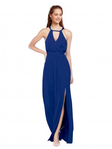 Sem Mangas Decote Alto Chiffon Linha A Azul Real Longo Vestidos de Madrinha