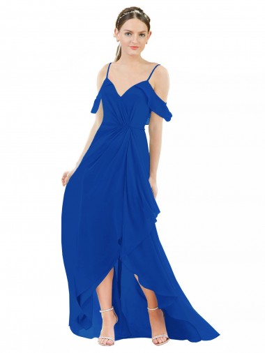 Ombro Frio Decote V Chiffon Linha A Alto Baixo, Vestidos de Madrinha