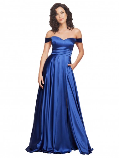 Sem Mangas Fora do Ombro Cetim Elástico Linha A Longo Vestidos de Madrinha / Vestidos de Noite / Vestidos de Festa