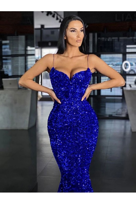 Sem Mangas Alças finas Lantejoulas Veludo Sereia Vestidos de Festa