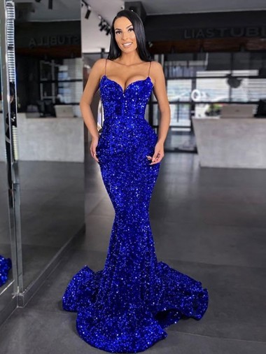 Sem Mangas Alças finas Lantejoulas Veludo Sereia Vestidos de Festa